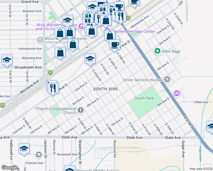 map of restaurants, bars, coffee shops, grocery stores, and more near 304 South 31st Street in Billings