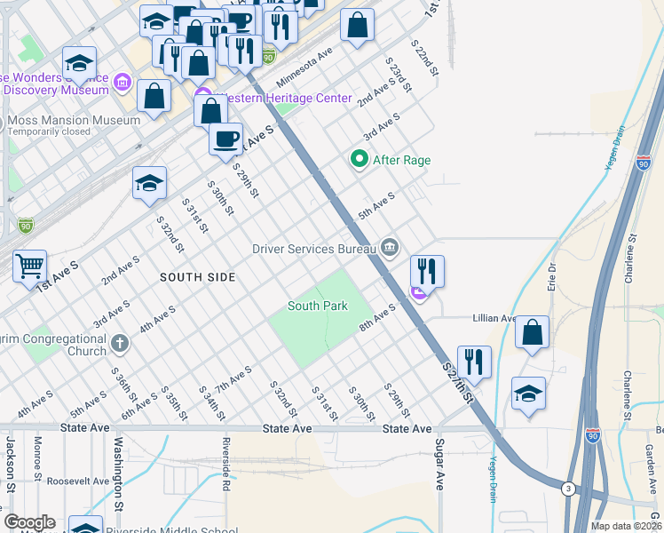 map of restaurants, bars, coffee shops, grocery stores, and more near 550 South 28th Street in Billings