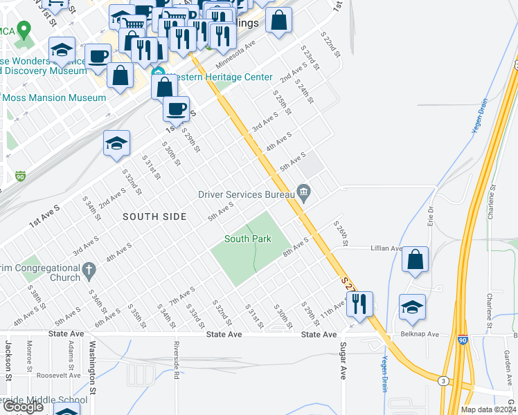 map of restaurants, bars, coffee shops, grocery stores, and more near 550 South 28th Street in Billings