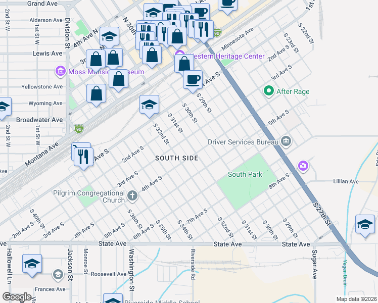 map of restaurants, bars, coffee shops, grocery stores, and more near 304 South 31st Street in Billings