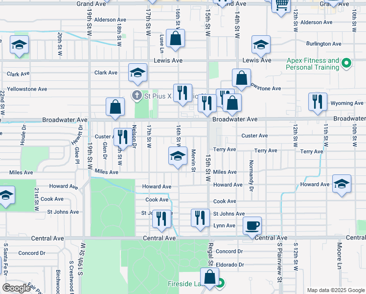 map of restaurants, bars, coffee shops, grocery stores, and more near 503 16th Street West in Billings