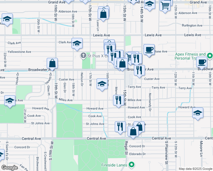 map of restaurants, bars, coffee shops, grocery stores, and more near 510 16th Street West in Billings