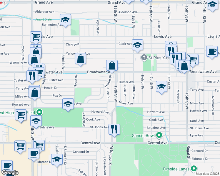 map of restaurants, bars, coffee shops, grocery stores, and more near 436 Glee Pl in Billings