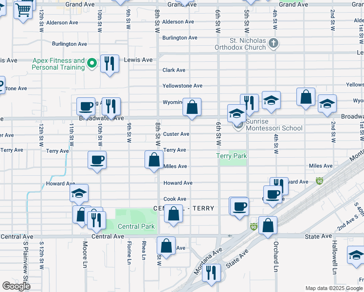map of restaurants, bars, coffee shops, grocery stores, and more near 711 Terry Avenue in Billings
