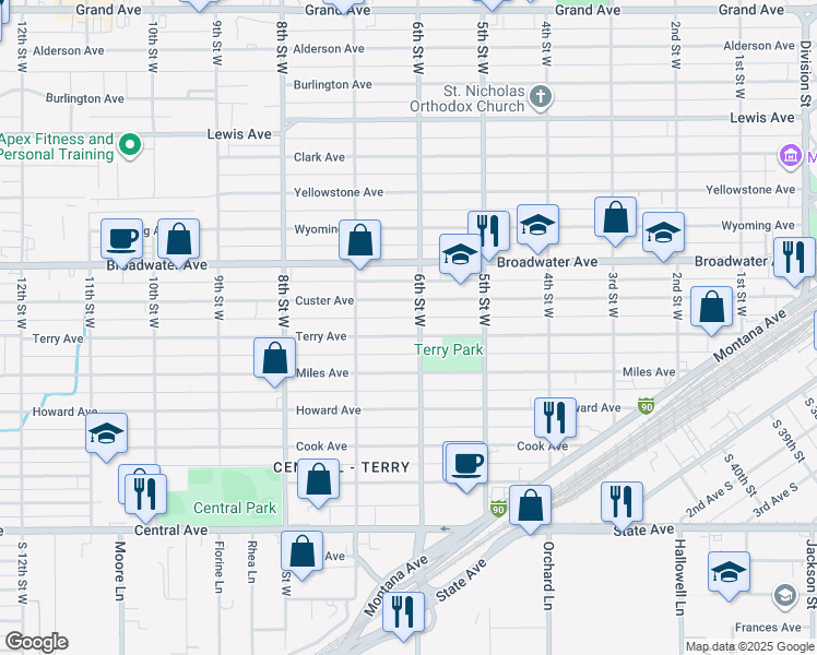 map of restaurants, bars, coffee shops, grocery stores, and more near 607 Terry Avenue in Billings