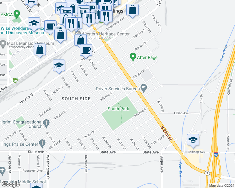 map of restaurants, bars, coffee shops, grocery stores, and more near 505 South 29th Street in Billings