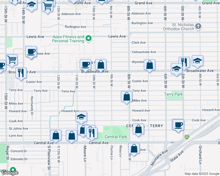 map of restaurants, bars, coffee shops, grocery stores, and more near 901 Terry Avenue in Billings