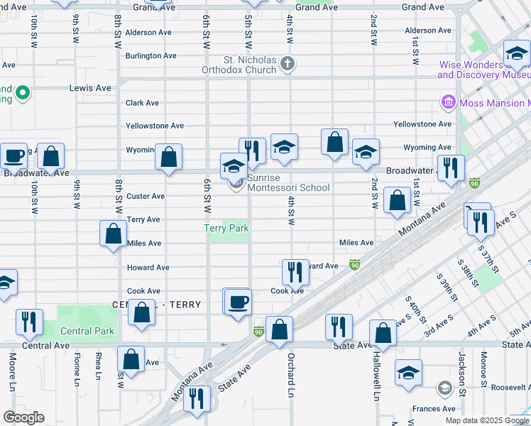 map of restaurants, bars, coffee shops, grocery stores, and more near 413 Terry Avenue in Billings