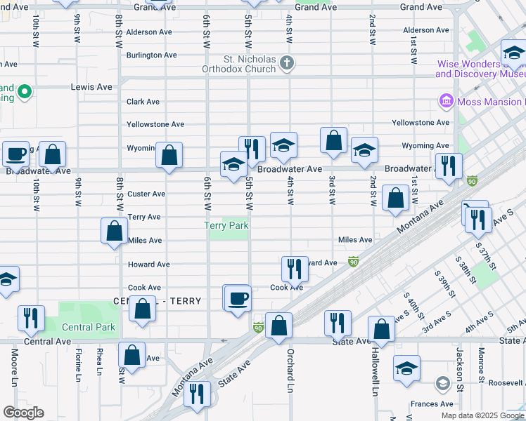 map of restaurants, bars, coffee shops, grocery stores, and more near 413 Terry Avenue in Billings