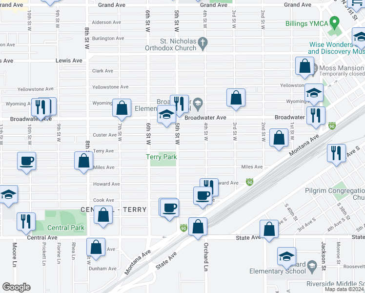 map of restaurants, bars, coffee shops, grocery stores, and more near 505 5th Street West in Billings