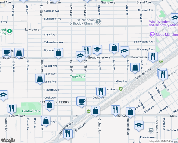 map of restaurants, bars, coffee shops, grocery stores, and more near 433 Terry Avenue in Billings