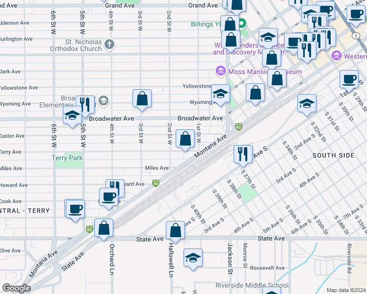 map of restaurants, bars, coffee shops, grocery stores, and more near 123 Terry Avenue in Billings