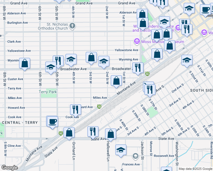 map of restaurants, bars, coffee shops, grocery stores, and more near 512 2nd Street West in Billings