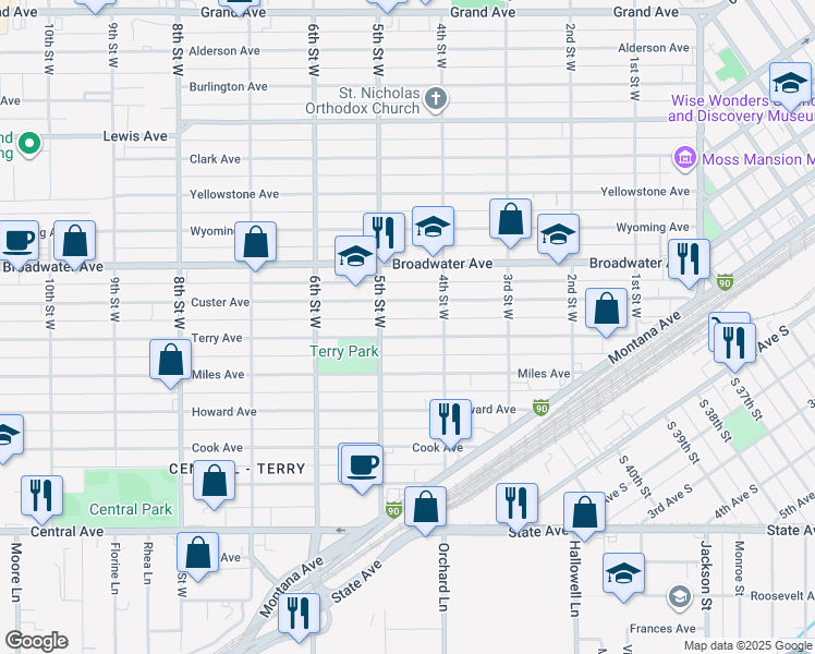 map of restaurants, bars, coffee shops, grocery stores, and more near 413 Terry Avenue in Billings