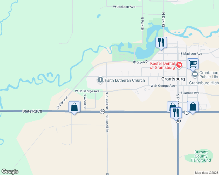 map of restaurants, bars, coffee shops, grocery stores, and more near 502 South Russell Street in Grantsburg
