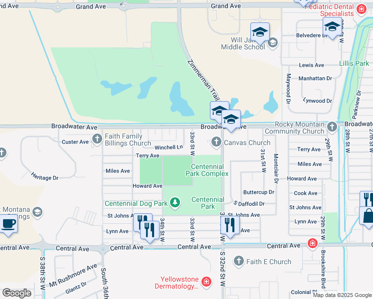 map of restaurants, bars, coffee shops, grocery stores, and more near 3334 Winchell Lane in Billings