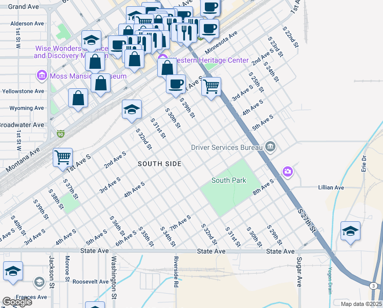 map of restaurants, bars, coffee shops, grocery stores, and more near 3017 4th Avenue South in Billings