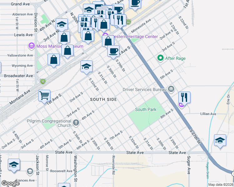 map of restaurants, bars, coffee shops, grocery stores, and more near 3017 4th Avenue South in Billings