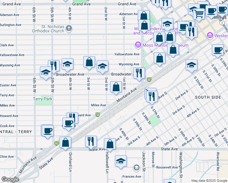 map of restaurants, bars, coffee shops, grocery stores, and more near 115 Terry Avenue in Billings