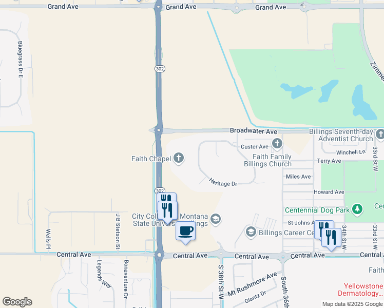 map of restaurants, bars, coffee shops, grocery stores, and more near 3769 Heritage Drive in Billings