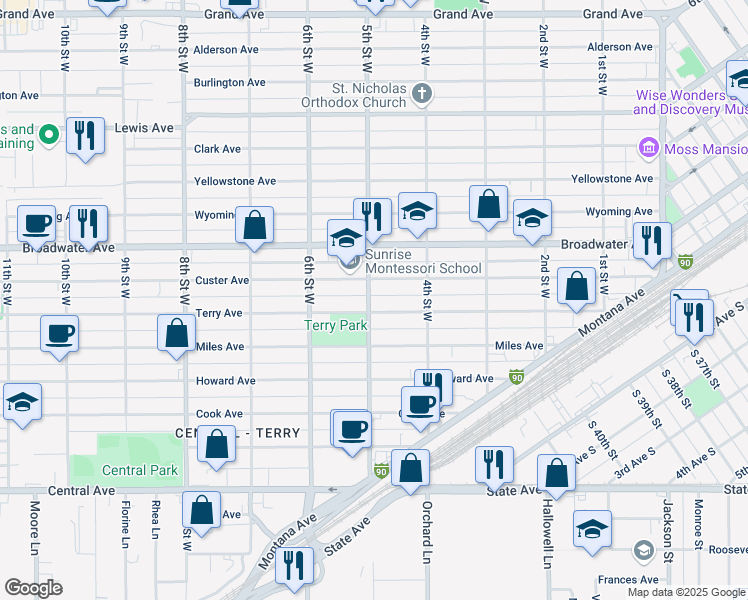 map of restaurants, bars, coffee shops, grocery stores, and more near 505 5th Street West in Billings