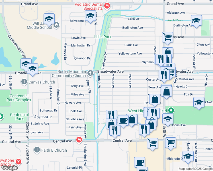 map of restaurants, bars, coffee shops, grocery stores, and more near 2717 Terry Avenue in Billings