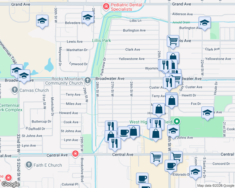 map of restaurants, bars, coffee shops, grocery stores, and more near 2635 Terry Avenue in Billings