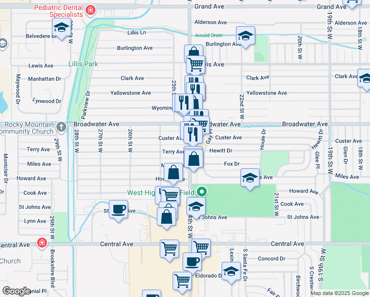 map of restaurants, bars, coffee shops, grocery stores, and more near 2407 Terry Avenue in Billings