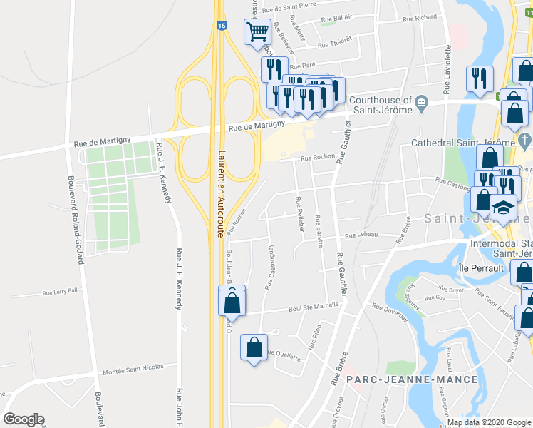 map of restaurants, bars, coffee shops, grocery stores, and more near 404 Rue Castonguay in Saint-Jérôme
