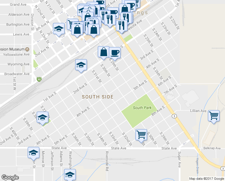 map of restaurants, bars, coffee shops, grocery stores, and more near 3017 4th Ave S in Billings