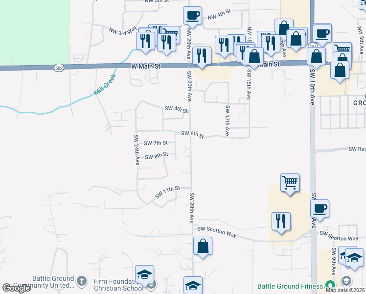 map of restaurants, bars, coffee shops, grocery stores, and more near 2008 Southwest 7th Circle in Battle Ground