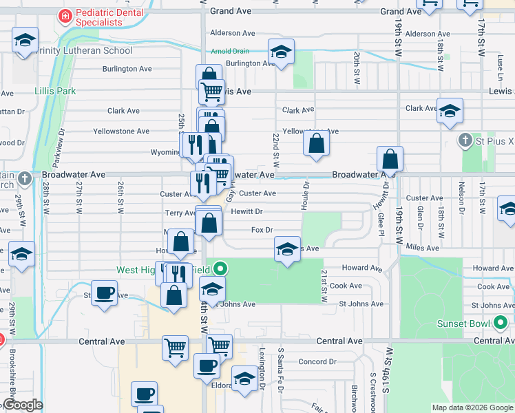 map of restaurants, bars, coffee shops, grocery stores, and more near 2223 Hewitt Drive in Billings