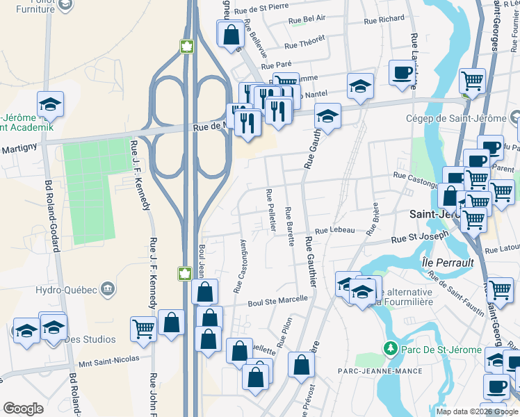 map of restaurants, bars, coffee shops, grocery stores, and more near 370 Rue des Tilleuls in Saint-Jérôme