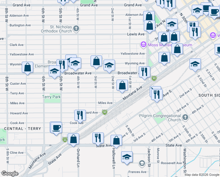 map of restaurants, bars, coffee shops, grocery stores, and more near 512 2nd Street West in Billings
