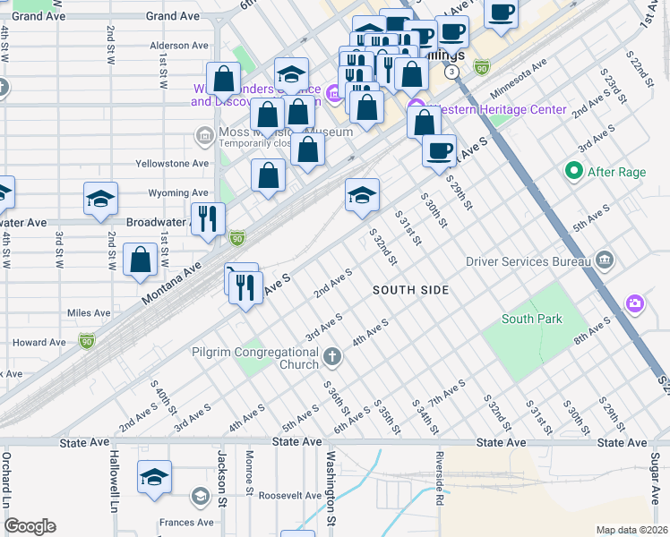 map of restaurants, bars, coffee shops, grocery stores, and more near 113 South 34th Street in Billings