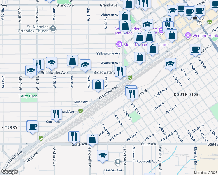 map of restaurants, bars, coffee shops, grocery stores, and more near 3635 Montana Avenue in Billings