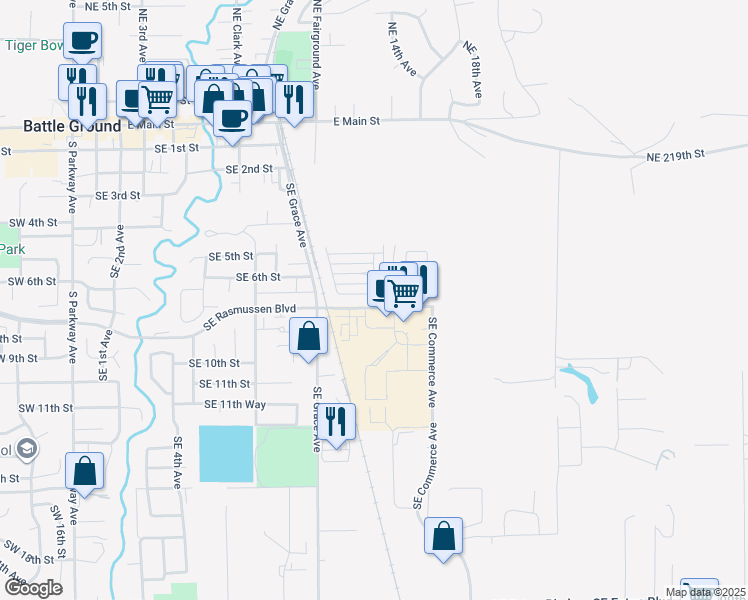 map of restaurants, bars, coffee shops, grocery stores, and more near 1300 Southeast Rasmussen Boulevard in Battle Ground