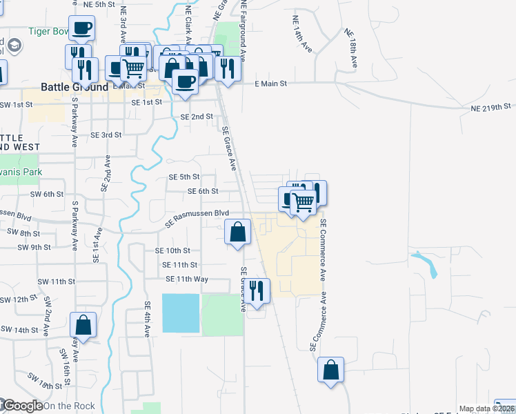 map of restaurants, bars, coffee shops, grocery stores, and more near 1102 Southeast Rasmussen Boulevard in Battle Ground