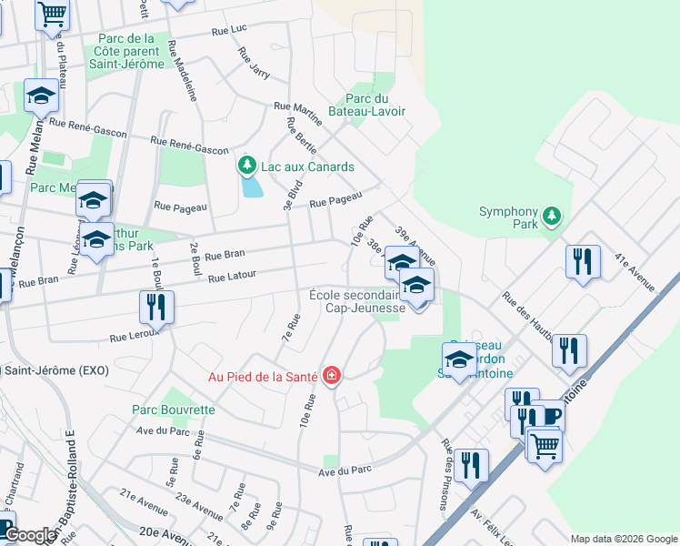 map of restaurants, bars, coffee shops, grocery stores, and more near 1413 10e Rue in Saint-Jérôme