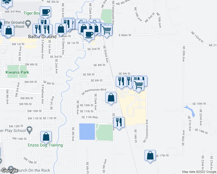 map of restaurants, bars, coffee shops, grocery stores, and more near 904 Southeast Rasmussen Boulevard in Battle Ground