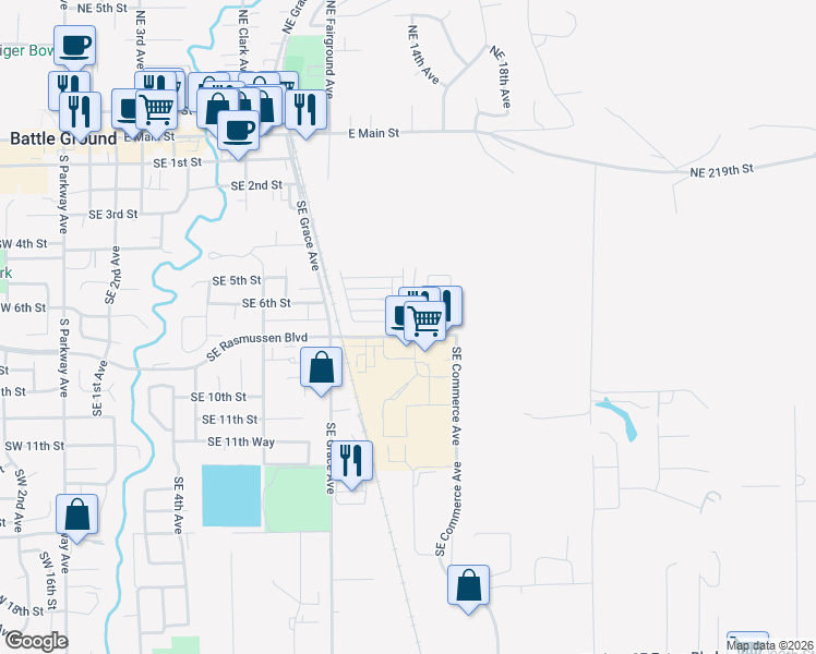 map of restaurants, bars, coffee shops, grocery stores, and more near 1300 Southeast Rasmussen Boulevard in Battle Ground