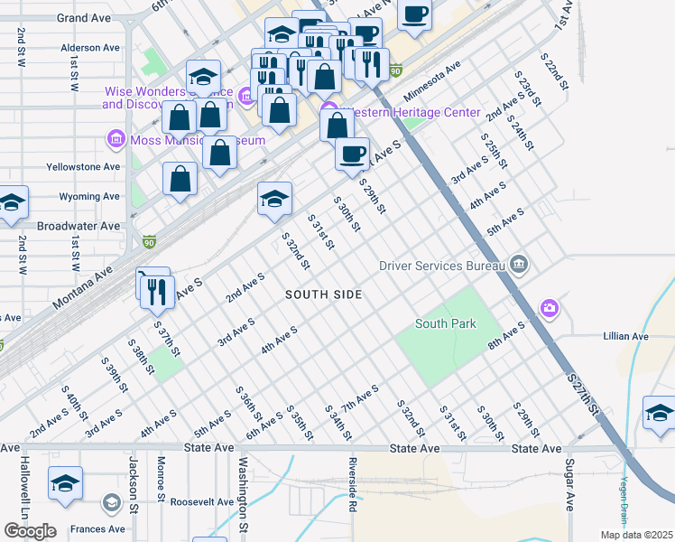 map of restaurants, bars, coffee shops, grocery stores, and more near 304 South 31st Street in Billings