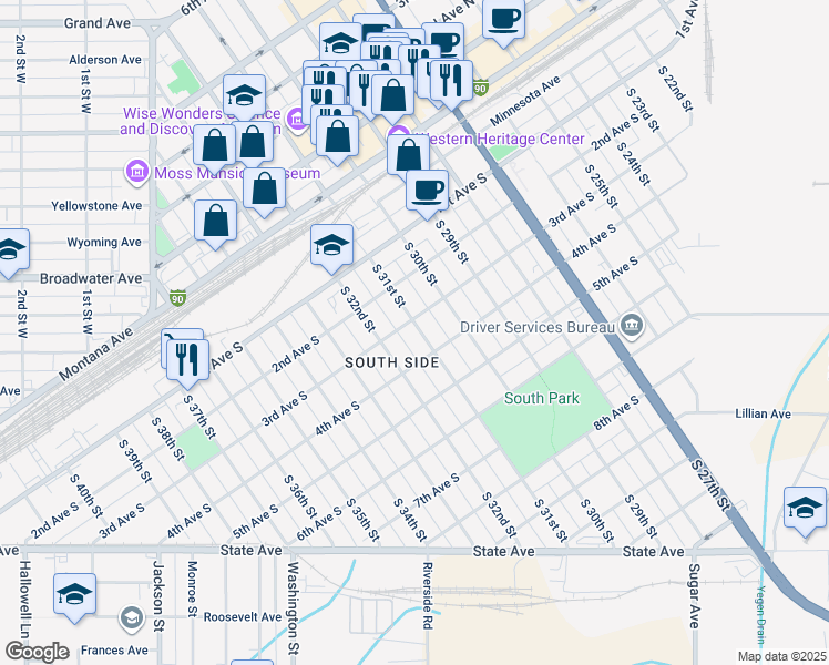 map of restaurants, bars, coffee shops, grocery stores, and more near 304 South 31st Street in Billings