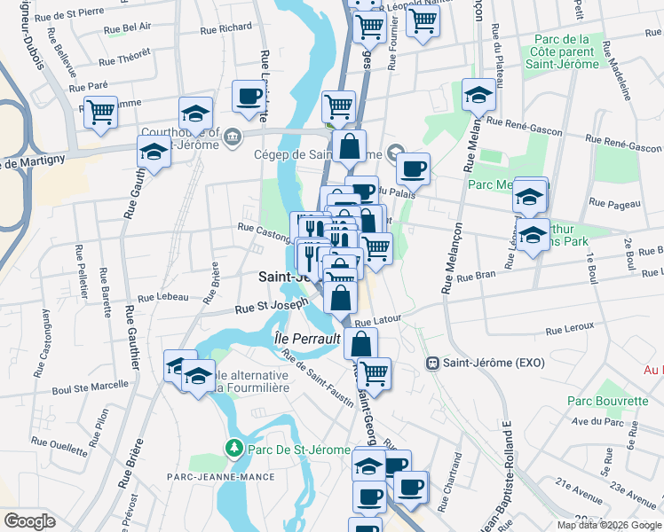 map of restaurants, bars, coffee shops, grocery stores, and more near 26 Rue de la Gare in Saint-Jérôme