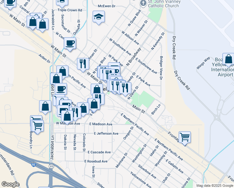 map of restaurants, bars, coffee shops, grocery stores, and more near Interstate 90 in Belgrade