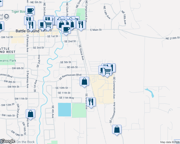 map of restaurants, bars, coffee shops, grocery stores, and more near 1102 Southeast Rasmussen Boulevard in Battle Ground