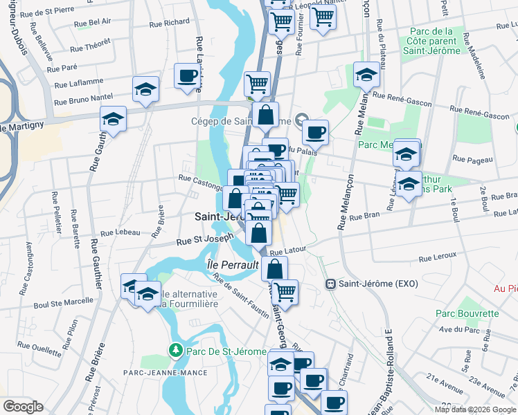 map of restaurants, bars, coffee shops, grocery stores, and more near 265 Rue Saint-Georges in Saint-Jérôme