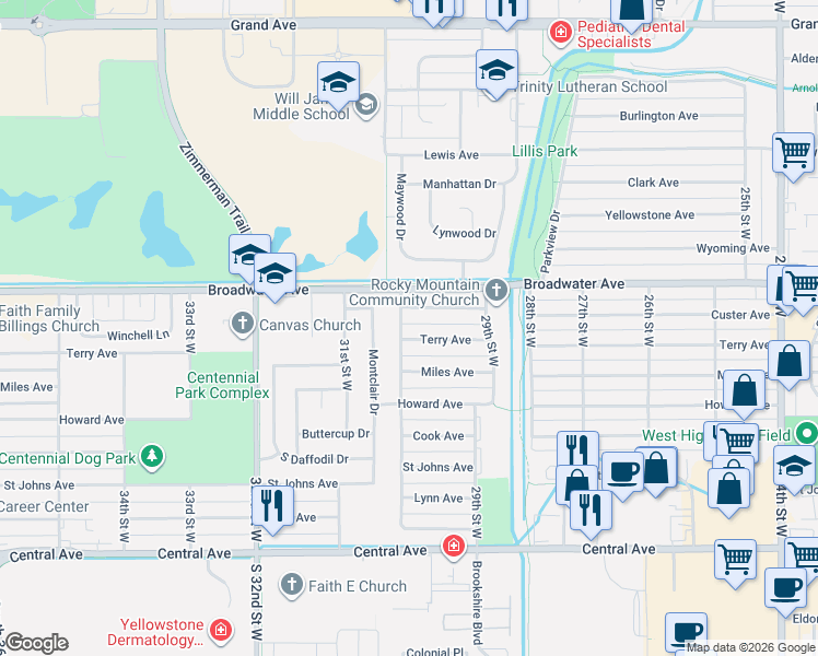 map of restaurants, bars, coffee shops, grocery stores, and more near 2945 Terry Avenue in Billings