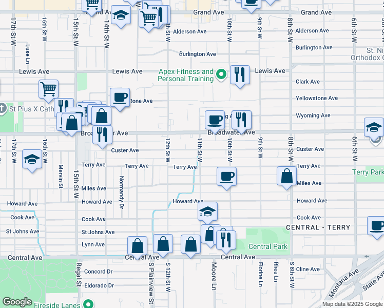 map of restaurants, bars, coffee shops, grocery stores, and more near 1115 Terry Avenue in Billings