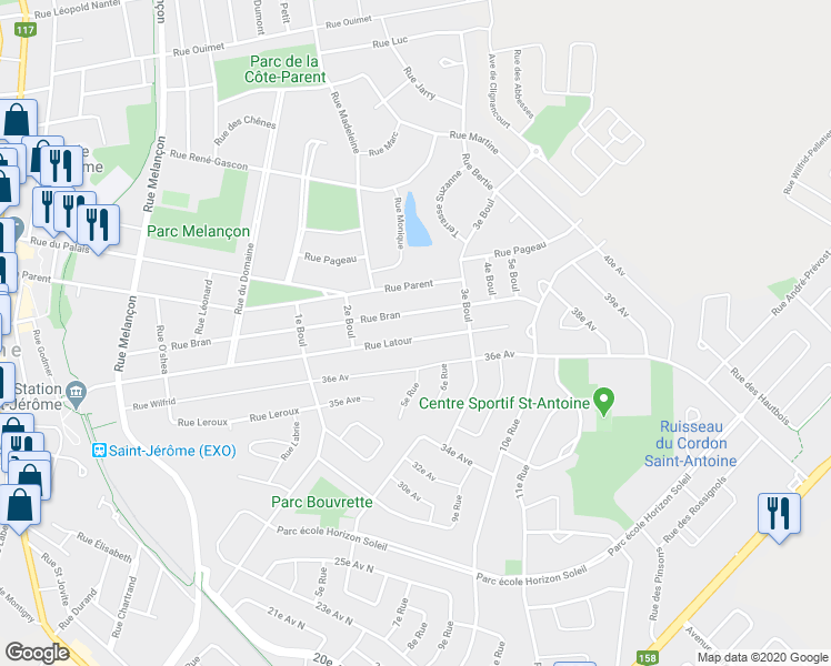 map of restaurants, bars, coffee shops, grocery stores, and more near 721 Rue Latour in Saint-Jérôme